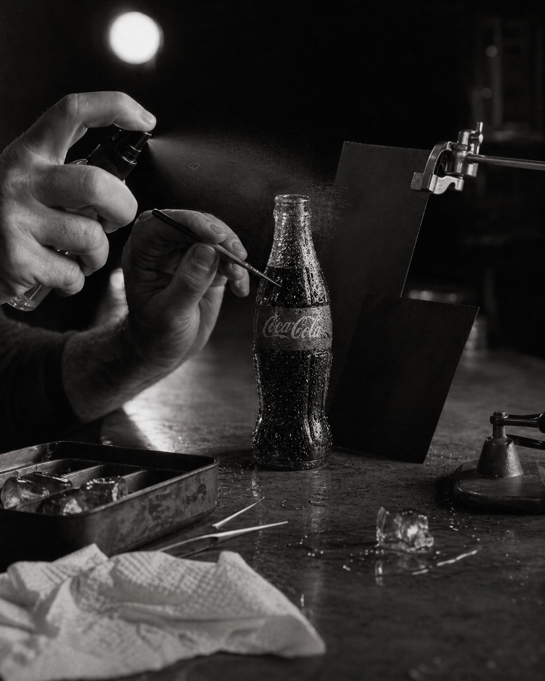 A pair of hands placing condensation droplets on the bottle by hand